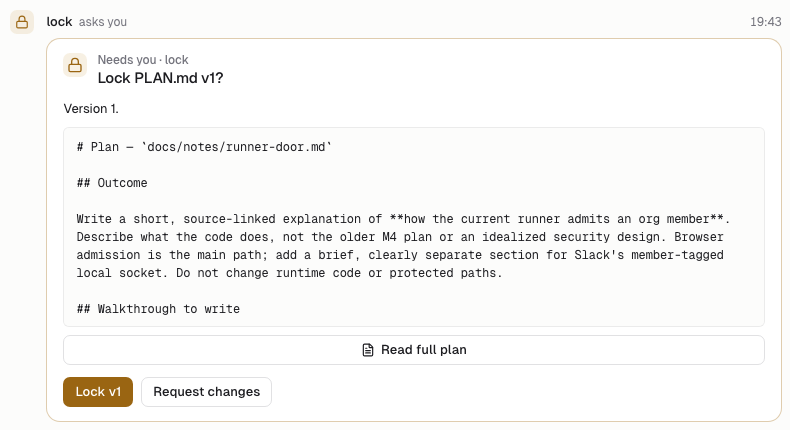 Lock PLAN.md v1? with the plan's first lines, Read full plan, Lock v1 and Request changes