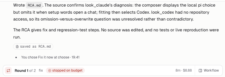 The lead's reply, "You chose Fix it now at choose", then the round band: Round 1 of 2, fix, stopped on budget, 8m, $8.88