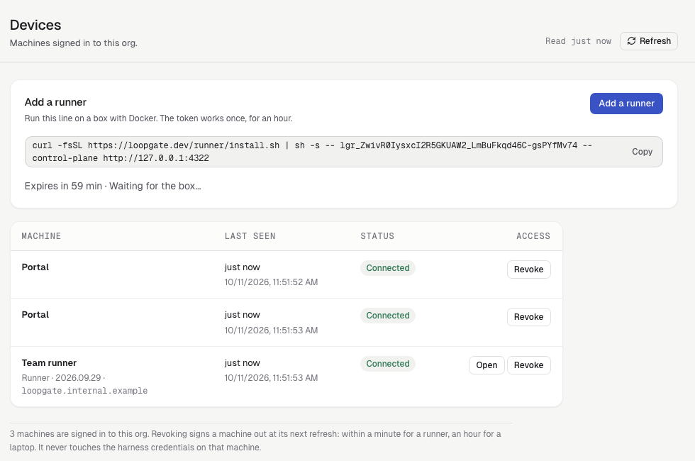 The portal's Devices page with Add a runner open: one curl line with a token, "Expires in 59 min · Waiting for the box…", and below it a Team runner that says Connected