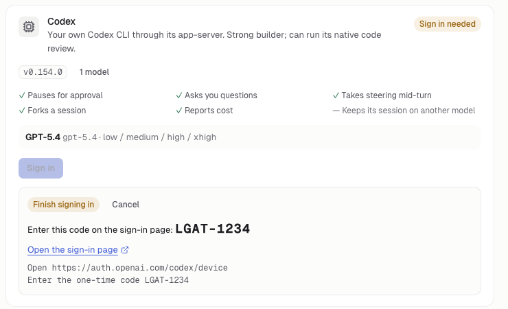 Settings → Engines on the runner: Codex asks you to enter a one-time code on the sign-in page, and pi has a Sign in button