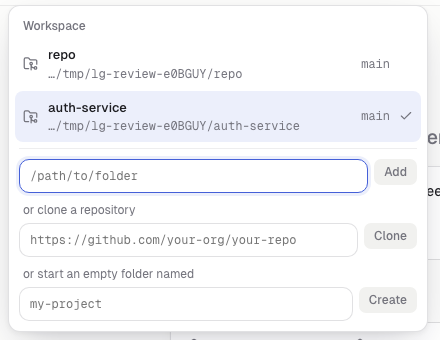 The workspace picker with a path field and Add, a Clone field for a repository address, and Create for an empty folder