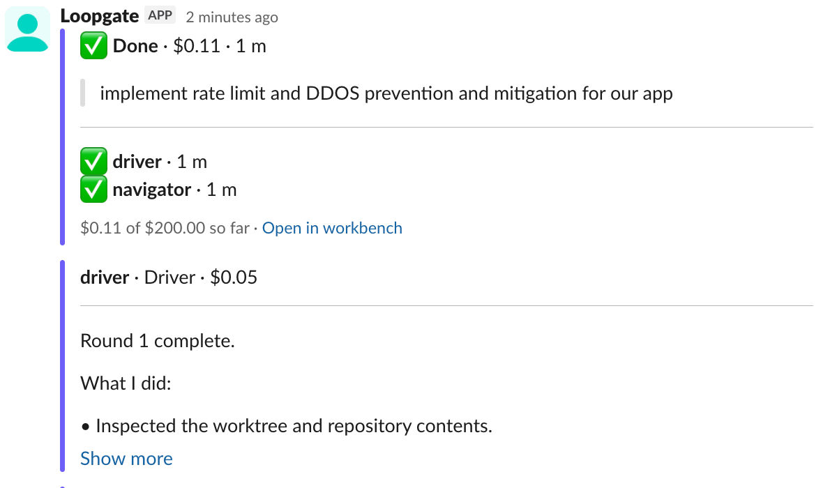 The finished thread: Done · $0.11 · 1 m, the task quoted, driver and navigator each with a check and 1 m, "$0.11 of $200.00 so far · Open in workbench", then the driver's reply post