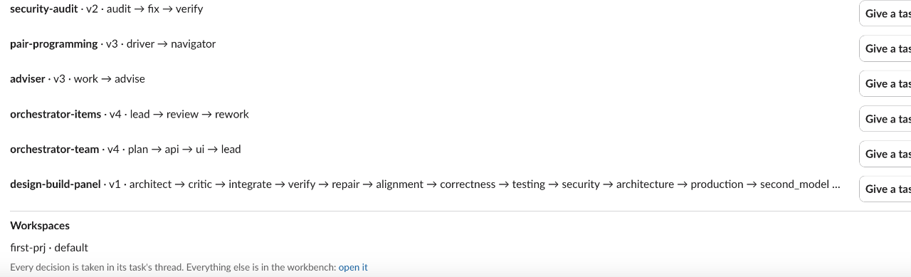 Loopgate's Home in Slack: workflows such as security-audit, pair-programming and design-build-panel each with Give a task, then Workspaces, first-prj · default, and the line "Every decision is taken in its task's thread. Everything else is in the workbench: open it"